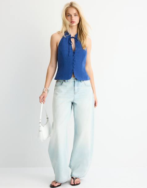 Stradivarius – Qipao – Blå topp med halterneck och knäppning - view 1