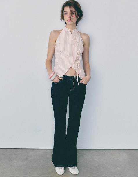 Stradivarius - Qipao - Top dos nu semi froissé avec nœud - Vanille - view 1