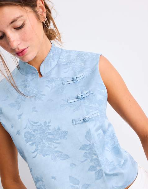 Stradivarius Qipao waistcoat in sky blue - view 1