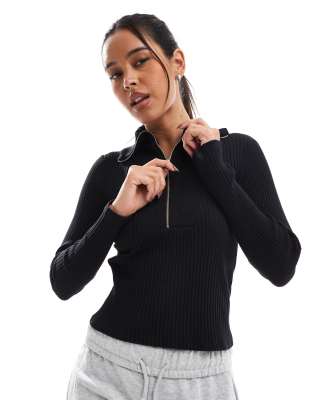 quarter zip long sleeve knit top in black