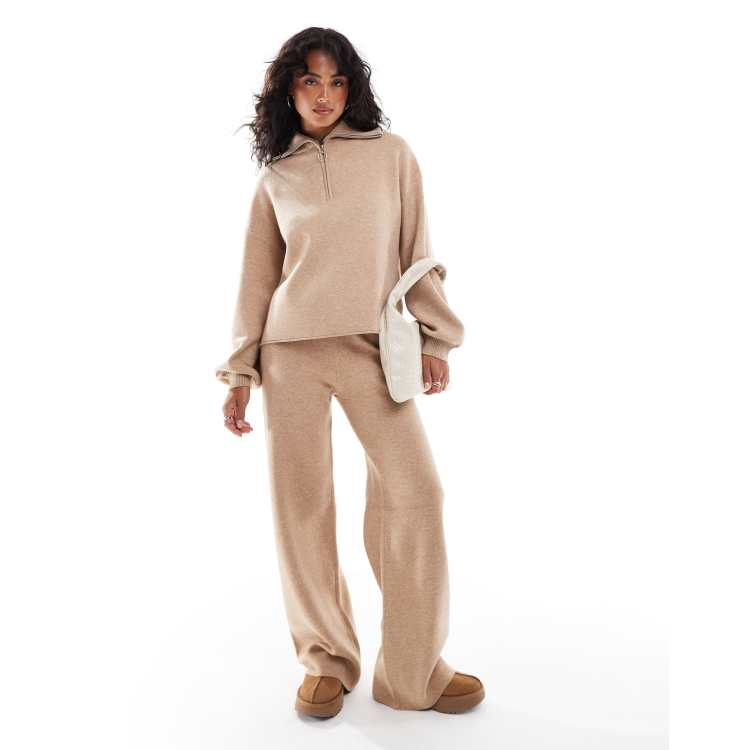 Stradivarius quarter zip sweater & pants set in beige | ASOS