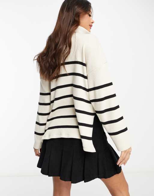 Stradivarius quarter zip sweatshirt in ecru stripe