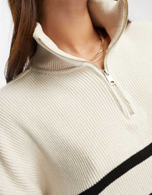 Stradivarius quarter zip sweatshirt in ecru stripe