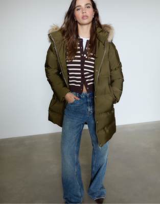 Stradivarius Quilted coat with faux fur hood in olive green