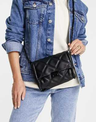 Stradivarius Large Geometric Quilted Crossbody Bag Black M