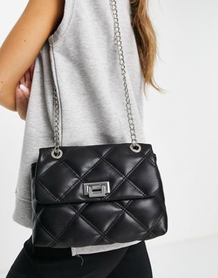 Stradivarius quilted cross body in black with chain handle