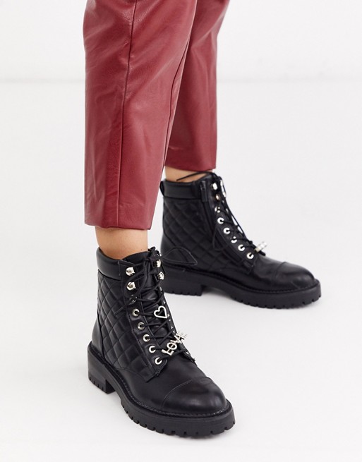Stradivarius quilted lace front chunky boots in black
