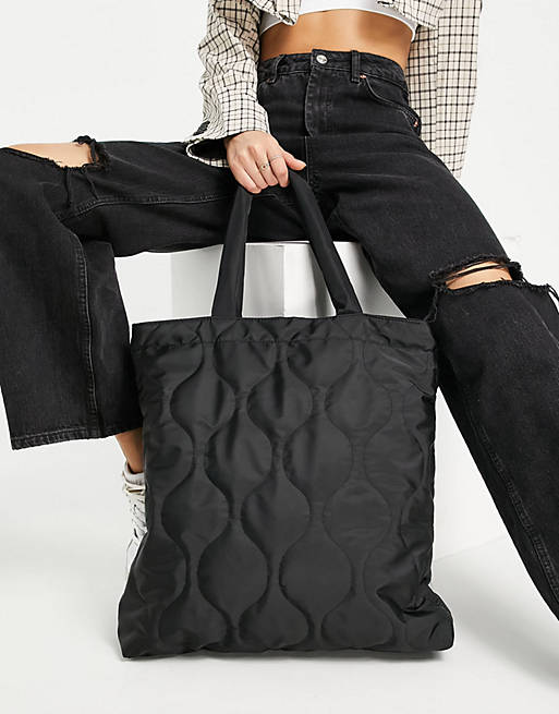 Stradivarius quilted tote shopper bag in black | ASOS