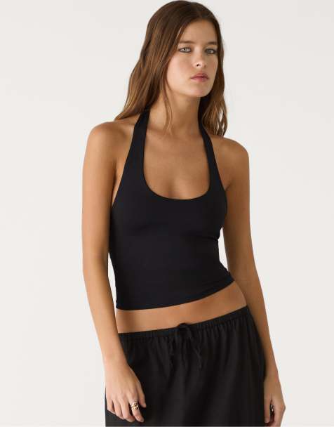 Stradivarius racer neck top in black - view 1