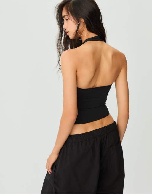 Stradivarius racer neck top in black, 2 of 4