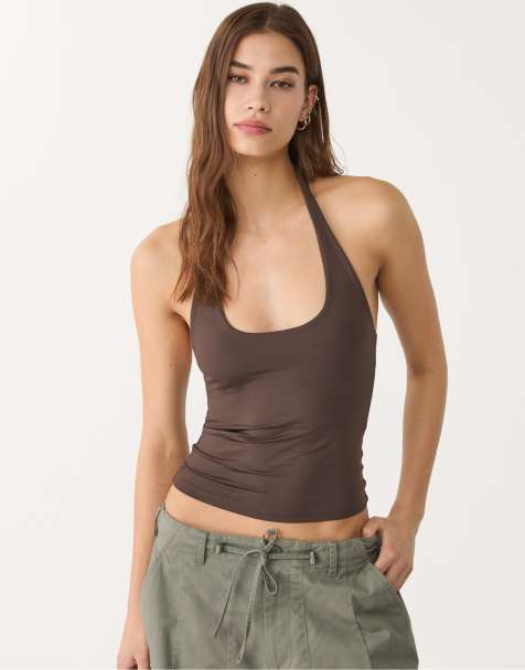 Stradivarius racer neck top in brown - view 1