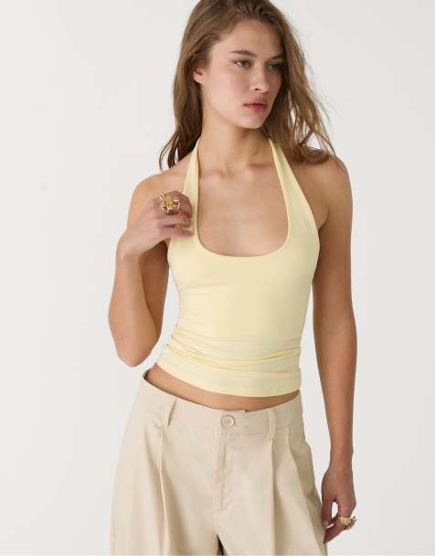 Stradivarius racer neck top in pastel yellow - view 1