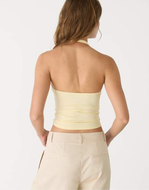 Stradivarius racer neck top in pastel yellow, 4 of 4