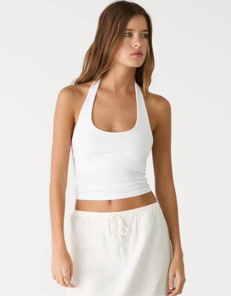 Stradivarius racer neck top in white