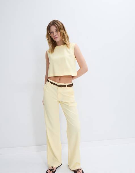 Stradivarius racerback top with linen in yellow - view 1