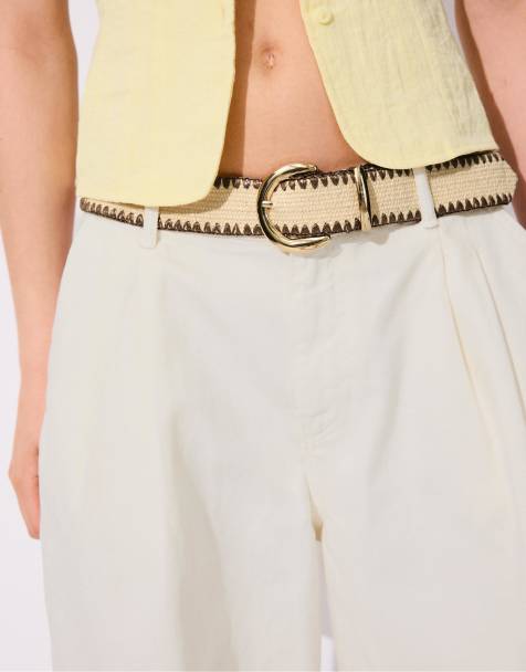 Stradivarius Raffia belt with topstitching in brown - view 1