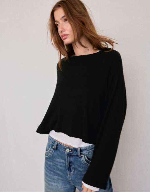 Stradivarius Raglan sleeve jumper in black, 5 of 7