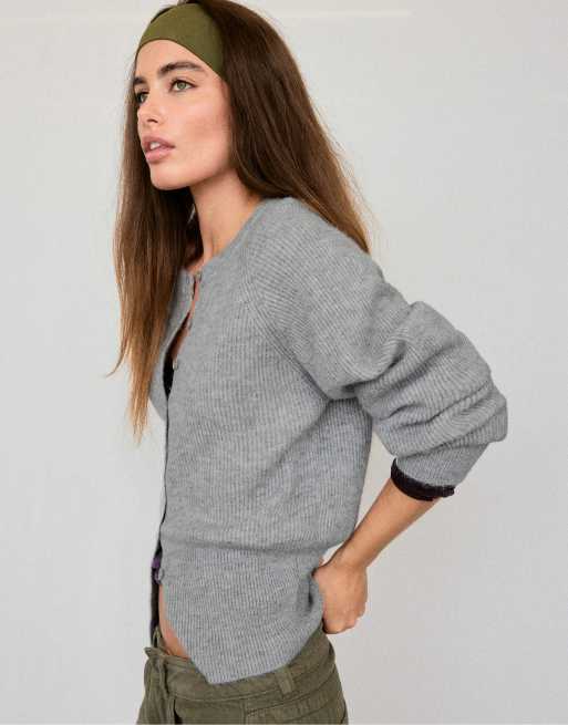 Stradivarius Raglan sleeve knit cardigan in grey melange, 3 of 7