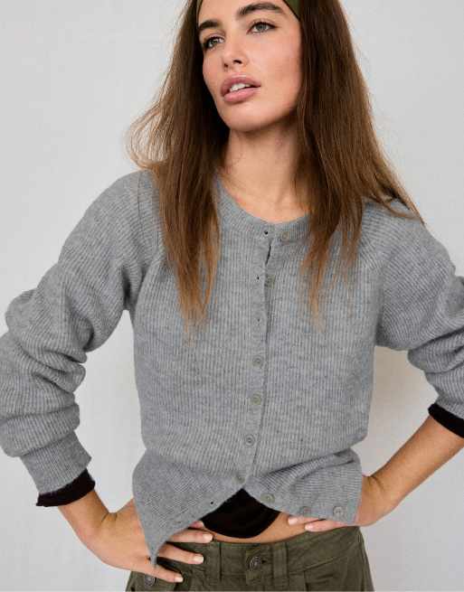 Stradivarius Raglan sleeve knit cardigan in grey melange, 5 of 7