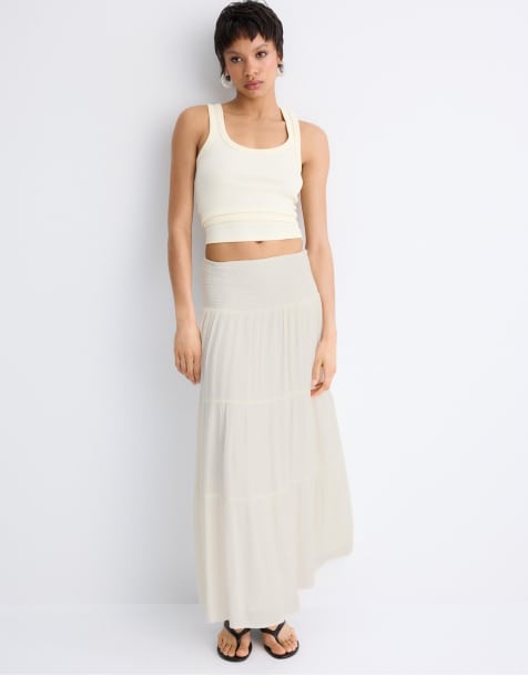 Stradivarius - Råhvid nederdel med paneler og metallisk tråd - view 1