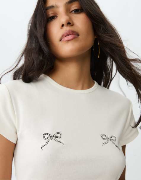 Stradivarius - Råhvid T-shirt med glimmerdetaljer - view 1