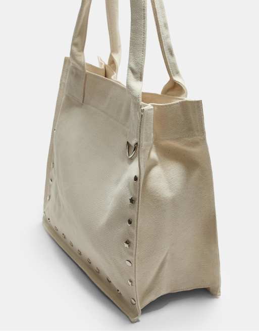 Stradivarius Råhvid tote-taske i lærredsstof med nitter ASOS
