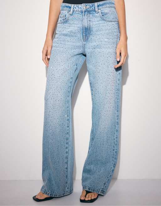 Stradivarius raka jeans med strass i mellanblå denim, 2 av 7