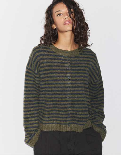 Stradivarius randig stickad kofta i khaki, 2 av 6