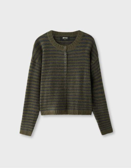 Stradivarius randig stickad kofta i khaki, 5 av 6