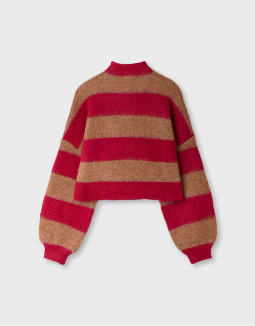 Stradivarius randig stickad kofta med ståkrage i beige, 7 av 7