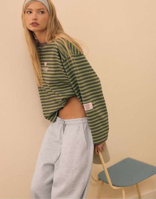 Stradivarius randig sweatshirt i khaki, 5 av 7
