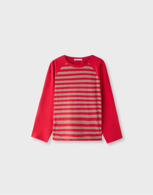 Stradivarius randig t-shirt med raglanärmar i rött, 6 av 7