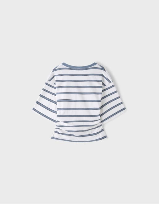 Stradivarius randig t-shirt med v-ringning och kimonoärmar i himmelsblått, 6 av 6
