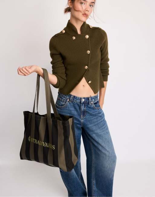 Stradivarius randig toteväska i khaki, 2 av 4