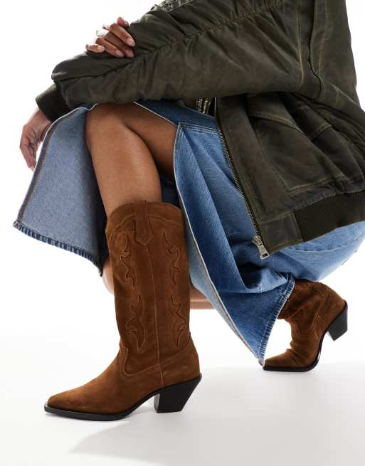 Stradivarius real suede heeled cowboy boots in beige ASOS