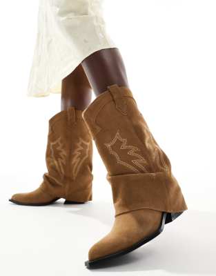 real suede heeled fold over western boot in beige-Neutral