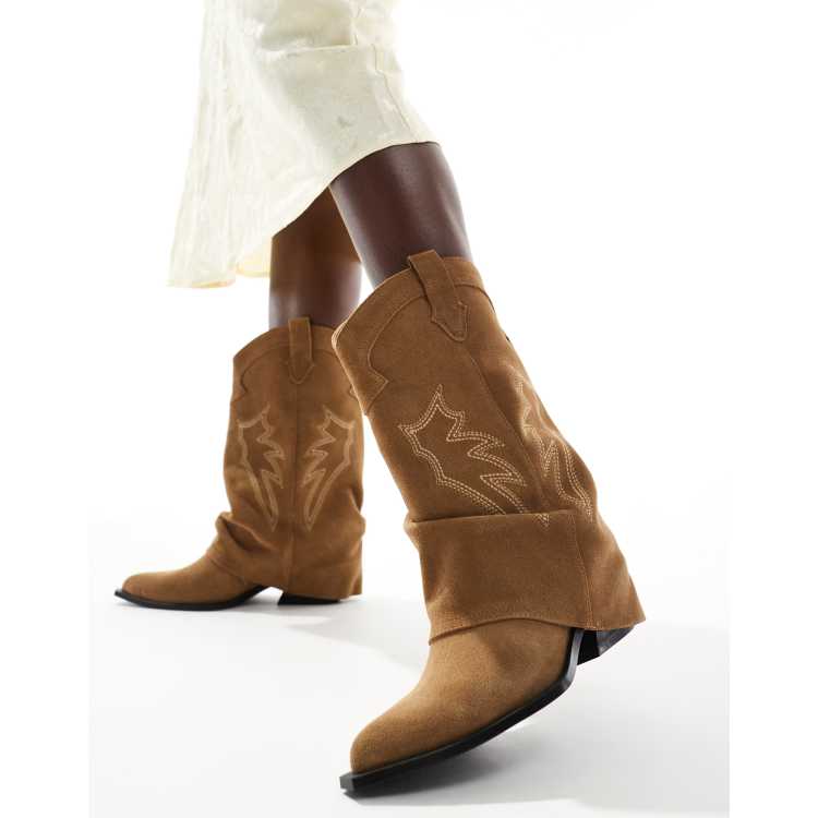 Stradivarius real suede heeled fold over western boots in beige ASOS