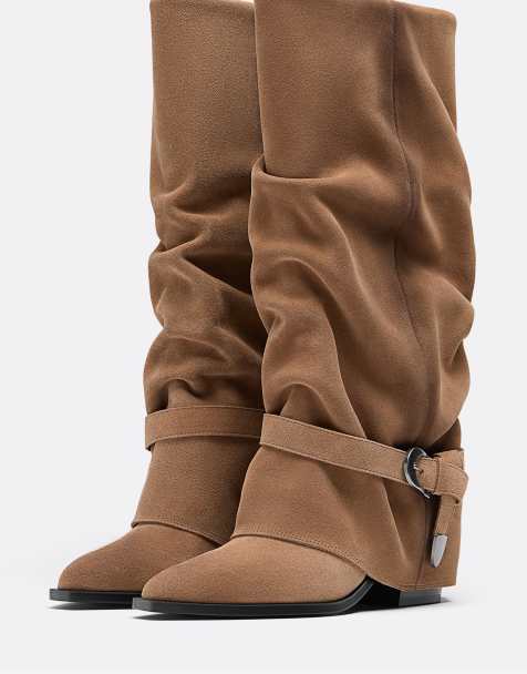 Stradivarius Real suede slouchy heeled boot in beige - view 1
