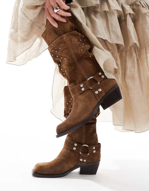 Stradivarius real suede slouchy western boot with studs in brown ASOS