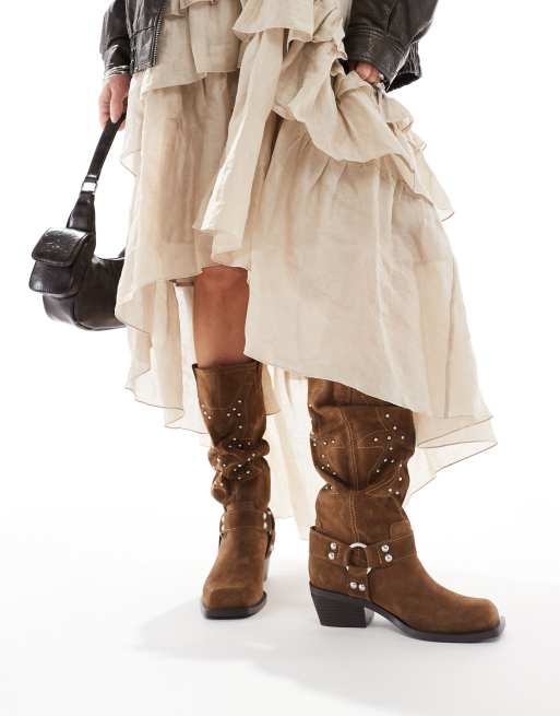 Stradivarius real suede slouchy western boots with studs in brown