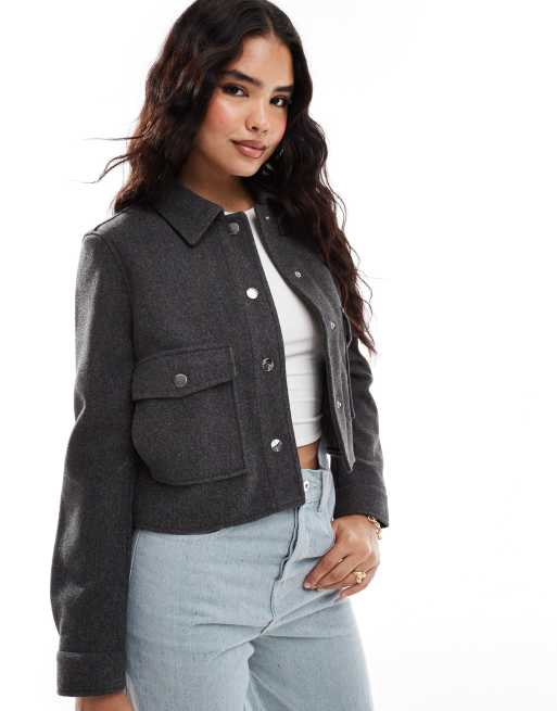 Stradivarius - Recht jack met wollook in grijs
