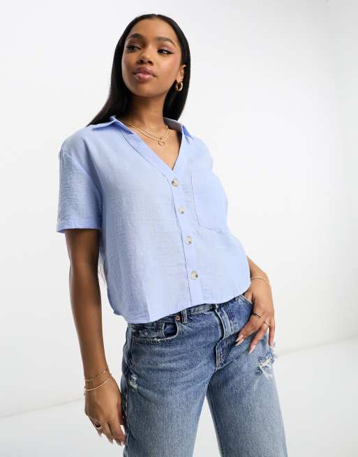 Stradivarius - Recht overhemd met linnenlook en korte mouwen in blauw