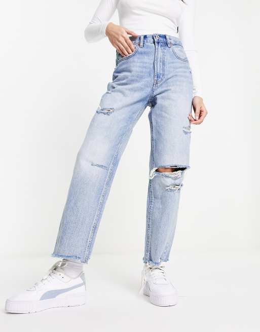 Stradivarius - Rechte cropped jeans met scheuren in middenblauw , 4 van 4