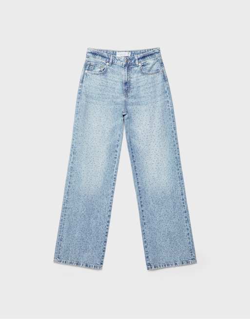 Stradivarius rechte jeans met strass in middenblauw denim, 6 van 7