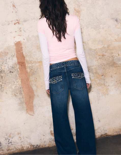 Stradivarius - Rechte jeans met tailleband met studs in donkerblauw denim - view 1