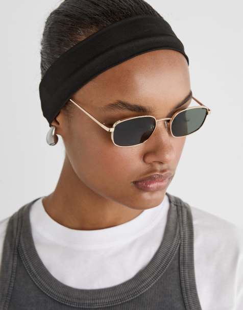 Stradivarius – Rechteckige, goldfarbene Metall-Sonnenbrille - view 1