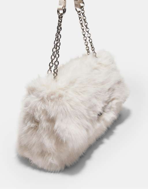 Stradivarius Rectangular faux fur crossbody bag in ecru | ASOS