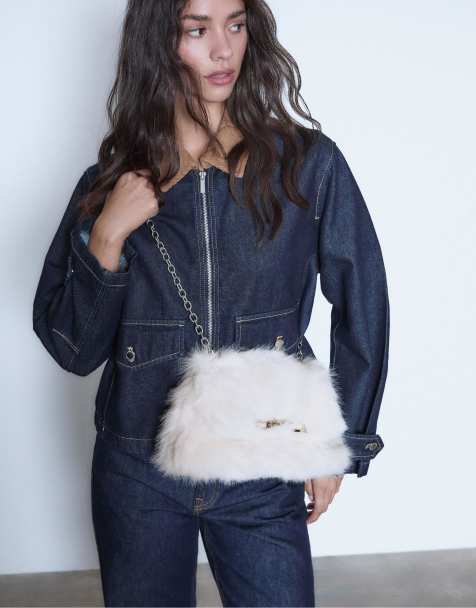 Stradivarius Rectangular faux fur mini crossbody bag in ecru - view 1