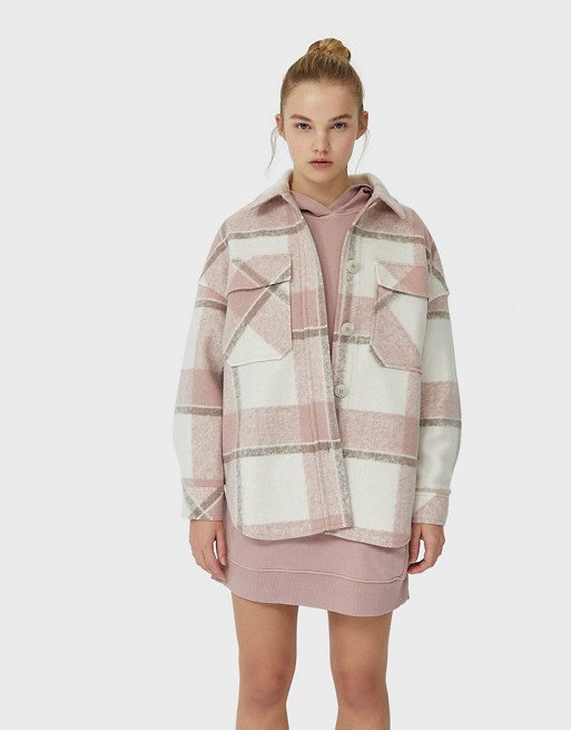 Stradivarius recycled polyester brushed shacket in pink check