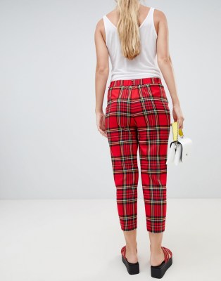 womens red check trousers